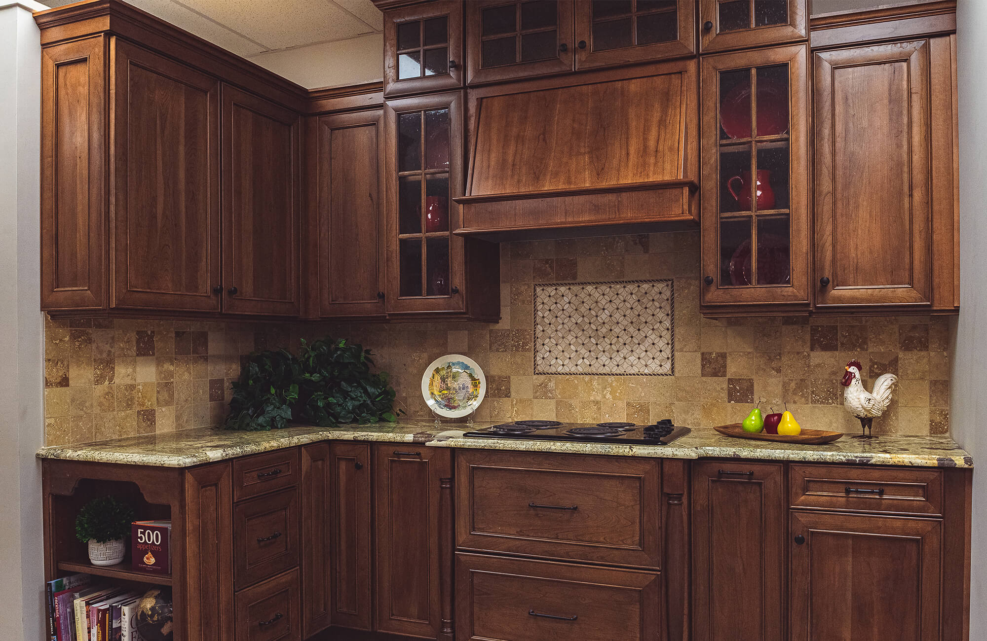 Dark stained wood showroom kitchen stove